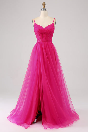Fucsia A-Line Spalline sottili Abito Corsetto lungo Abito da ballo con Spacco